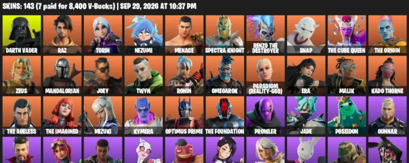 Fortnite account inventory for Darth Vader - Raz - 120 Outfits