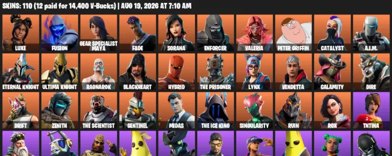Fortnite account inventory for LVL 1571 - Luxe - Fusion - 110 Outfits