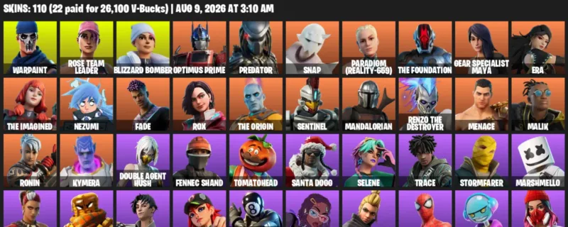 Fortnite account inventory for LVL 1633 - Warpaint - Rose Team Leader - 110 Outfits