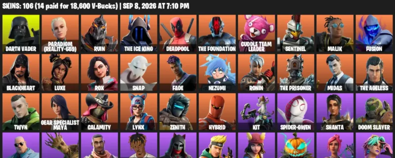 Fortnite account inventory for LVL 2572 - Darth Vader - Paradigm (Reality-659) - 106 Outfits