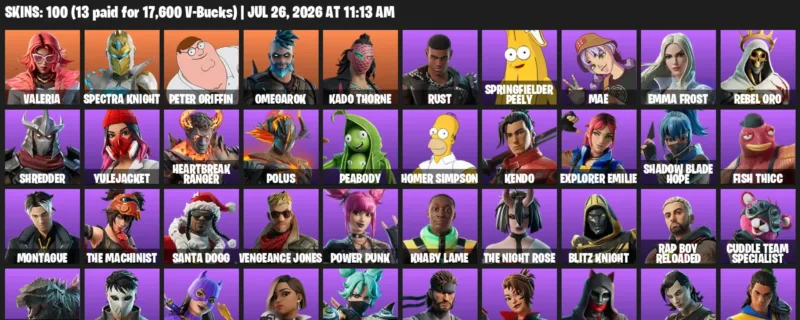 Fortnite Accounts listing: LVL 1475 - Valeria - Spectra Knight - 100 Outfits - 100 outfits
