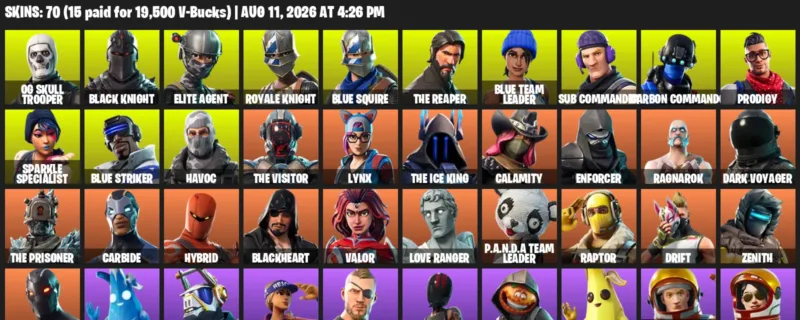 Fortnite account inventory for LVL 1031 - OG Skull Trooper - Black Knight - 70 Outfits