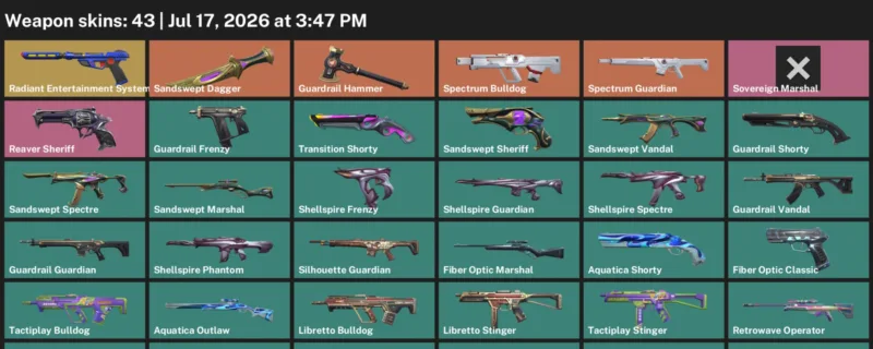 Valorant Accounts listing: LVL 72 · Sandswept Dagger · 43 Skins - Iron 1, 43 skins
