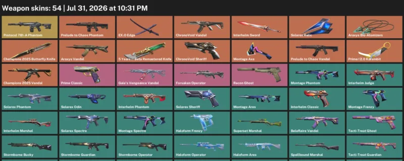 Valorant account inventory for LVL 65 · Champions 2025 Butterfly Knife & 2.0 Karambit