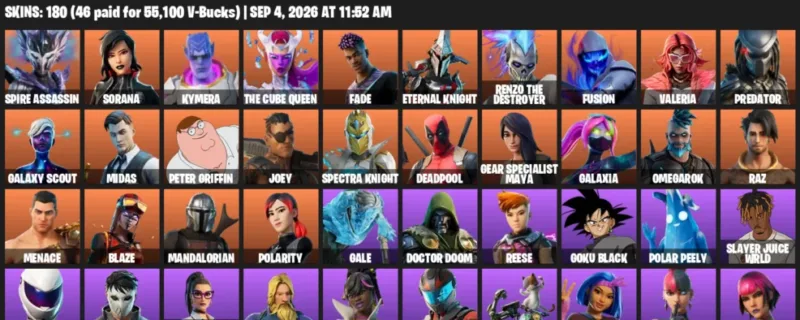 Fortnite account inventory for LVL 2153 - Spire Assassin - Sorana - 180 Outfits