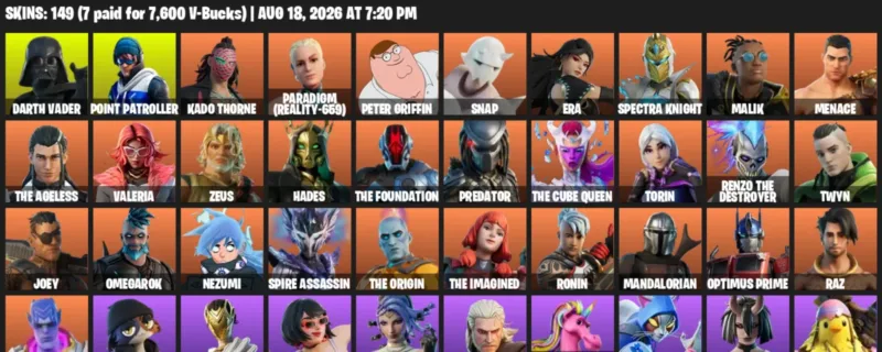Fortnite account inventory for LVL 3093 - Darth Vader - Point Patroller - 149 Outfits