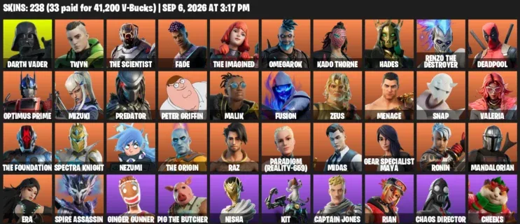 Fortnite account inventory for LVL 6250 - Darth Vader - Twyn - 238 Outfits