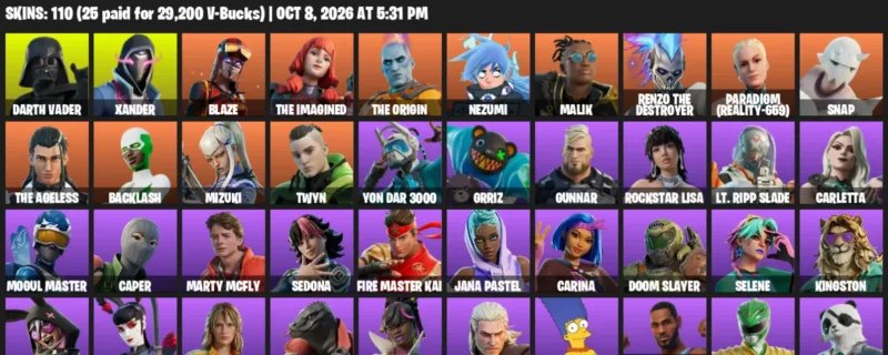 Fortnite account inventory for Darth Vader - Xander - 110 Outfits