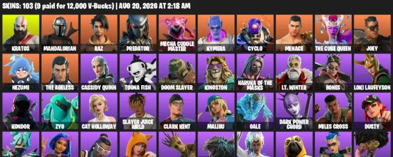 Fortnite account inventory for LVL 1474 - Kratos - Mandalorian - 103 Outfits