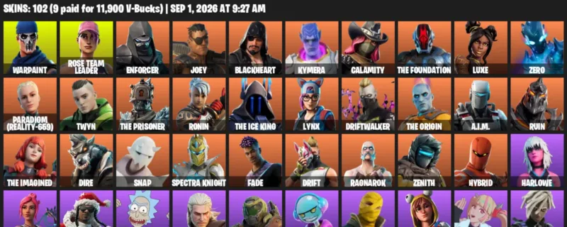 Fortnite account inventory for LVL 1004 - Warpaint - Rose Team Leader - 102 Outfits