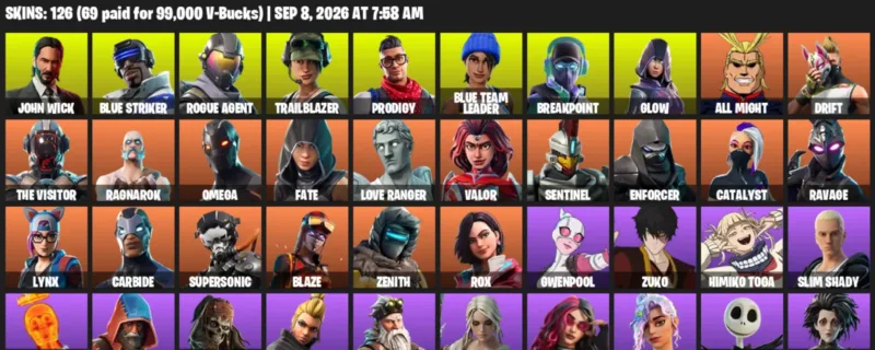 Fortnite account inventory for LVL 718 - John Wick - Blue Striker - 126 Outfits