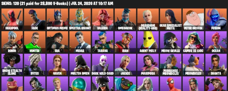 Fortnite Accounts listing: LVL 1584 - Deadpool - Fade - 120 Outfits - 120 outfits