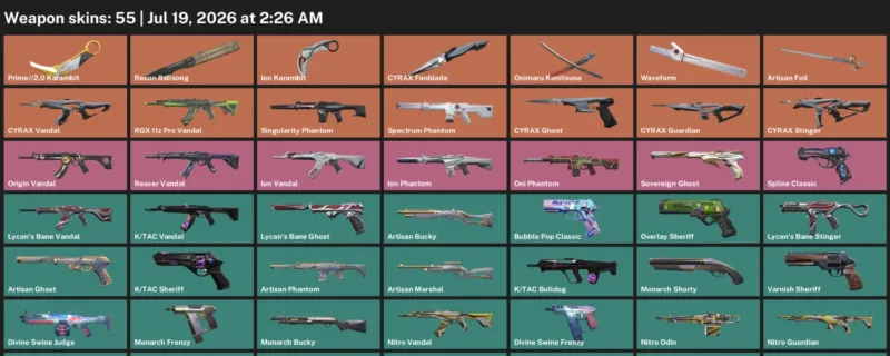 Valorant Accounts listing: LVL 182 · Ion Karambit & Prime//2.0 Karambit · 55 Skins - Gold 1, 55 skins