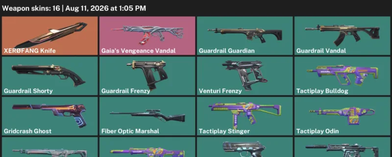 Valorant account inventory for LVL 54 · XerØFang Knife & Gaia's Vengeance Vandal