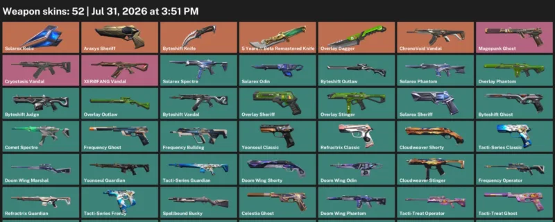 Valorant account inventory for LVL 96 · Araxys Sheriff & Overlay Dagger
