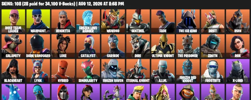 Fortnite account inventory for LVL 1086 - Rose Team Leader - Warpaint - 108 Outfits