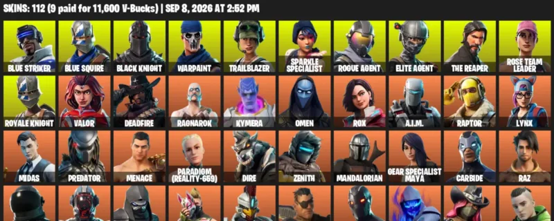 Fortnite account inventory for LVL 1553 - Blue Striker - Blue Squire - 112 Outfits