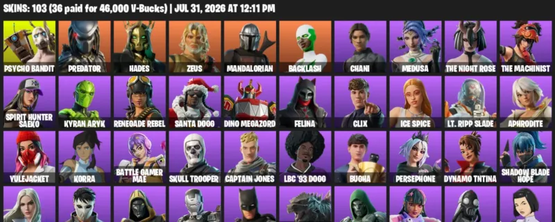 Fortnite Accounts listing: LVL 2350 - Psycho Bandit - Predator - 103 Outfits - 103 outfits