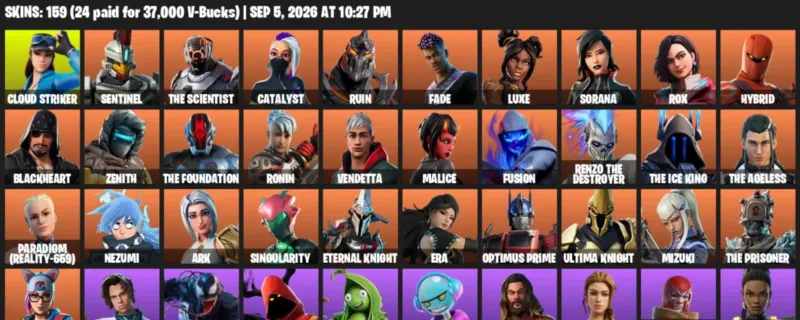 Fortnite account inventory for LVL 2163 - Cloud Striker - Sentinel - 159 Outfits