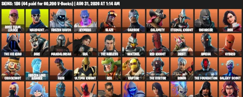 Fortnite account inventory for LVL 2708 - Rose Team Leader - Warpaint - 186 Outfits
