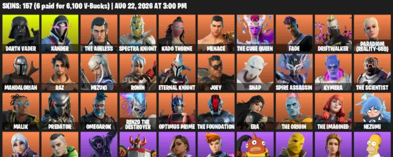 Fortnite account inventory for LVL 2958 - Darth Vader - Xander - 157 Outfits