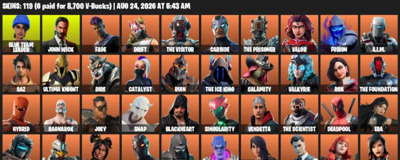 Fortnite account inventory for LVL 1730 - Blue Team Leader - John Wick - 119 Outfits