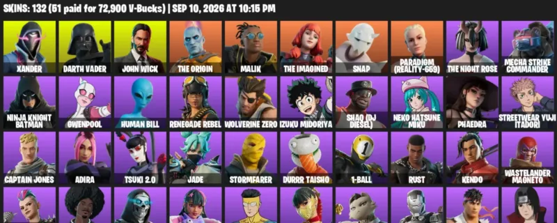 Fortnite account inventory for LVL 1143 - Xander - Darth Vader - 132 Outfits