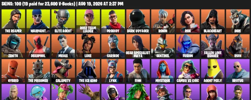 Fortnite account inventory for LVL 1675 - The Reaper - Warpaint - 100 Outfits