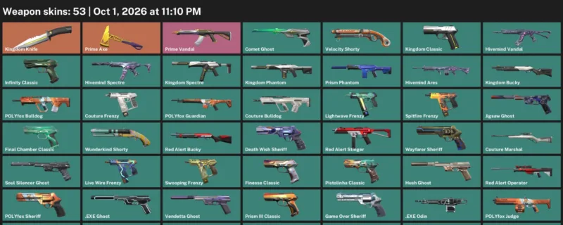 Valorant account inventory for LVL 310 · Kingdom Knife & Exe Vandal