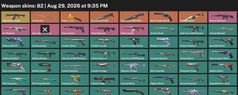 Valorant account inventory for LVL 387 · Xenohunter Knife & Task Force 809 Knife