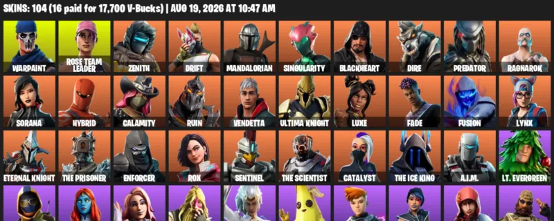 Fortnite account inventory for LVL 1547 - Warpaint - Rose Team Leader - 104 Outfits
