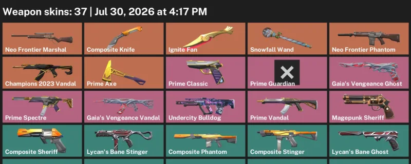 Valorant Accounts listing: LVL 45 · Composite Knife & Ignite Fan · 37 Skins - Diamond 1, 37 skins
