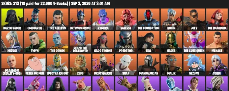 Fortnite account inventory for LVL 4189 - Darth Vader - Omegarok - 213 Outfits