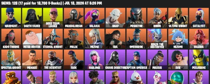 Fortnite Accounts listing: LVL 2417 - Warpaint - Darth Vader - 128 Outfits - 128 outfits