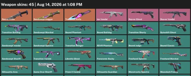 Valorant account inventory for LVL 166 · Reaver Knife & Sandswept Dagger & 45 Skins Reaver Knife