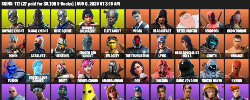 Fortnite account inventory for LVL 2454 - Royale Knight - Black Knight - 117 Outfits