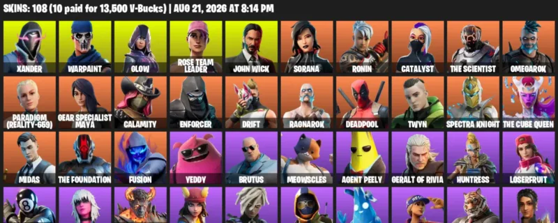 Fortnite account inventory for LVL 1475 - Xander - Warpaint - 108 Outfits