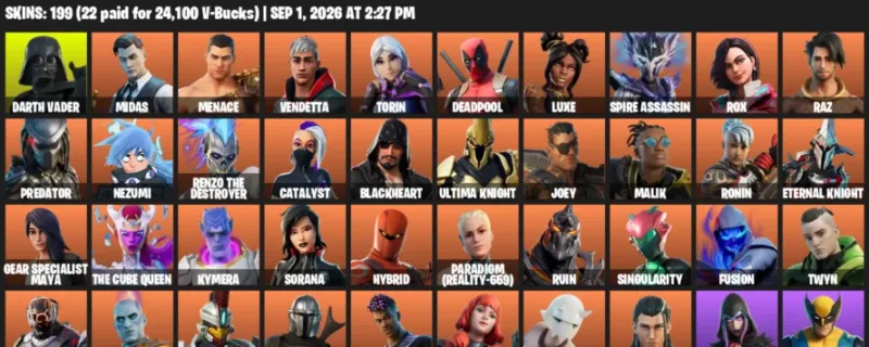 Fortnite account inventory for LVL 3827 - Darth Vader - Midas - 199 Outfits