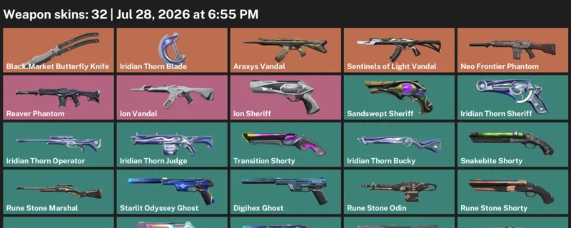 Valorant Accounts listing: LVL 211 · Black.Market Butterfly Knife & Iridian Thorn Blade · 32 Skins - Silver 3, 32 skins