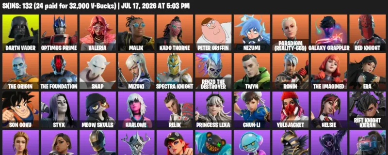 Fortnite Accounts listing: LVL 1355 - Darth Vader - Optimus Prime - 132 Outfits - 132 outfits