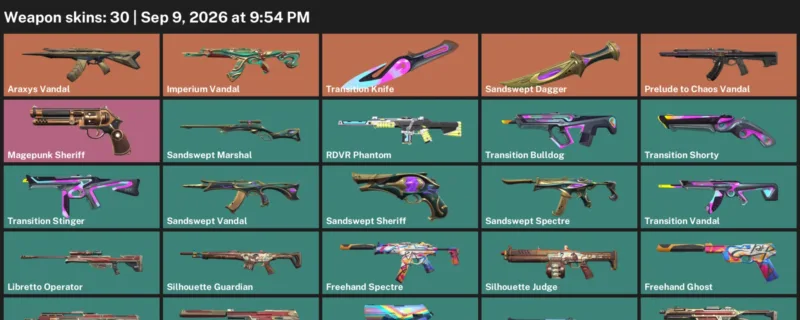 Valorant account inventory for LVL 66 · Sandswept Dagger & Transition Knife & Araxys Vandal