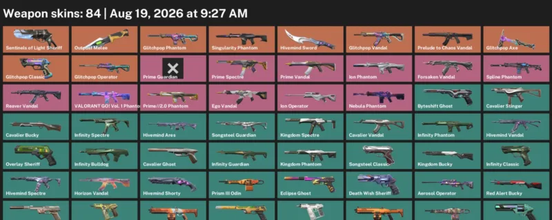 Valorant account inventory for LVL 292 · Aerosol Operator & Exe Odin