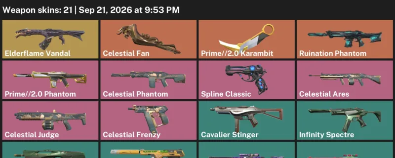 Valorant account inventory for LVL 36 · Celestial Fan & Prime & 2.0 Karambit