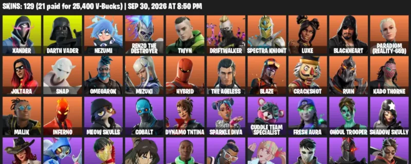 Fortnite account inventory for Xander - Darth Vader - 120 Outfits