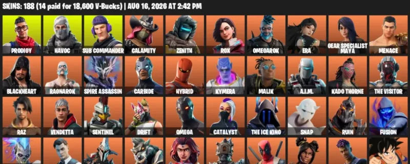 Fortnite account inventory for LVL 2331 - Prodigy - Havoc - 188 Outfits