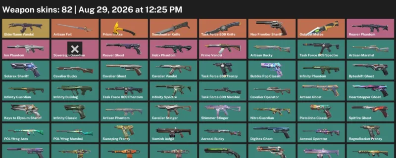 Valorant account inventory for LVL 387 · Xenohunter Knife & Task Force 809 Knife