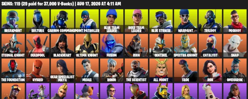 Fortnite account inventory for LVL 1633 - Breakpoint - Sultura - 119 Outfits
