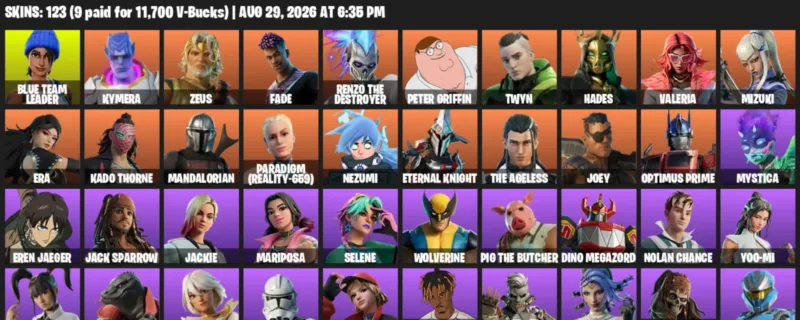 Fortnite account inventory for LVL 2846 - Blue Team Leader - Kymera - 123 Outfits