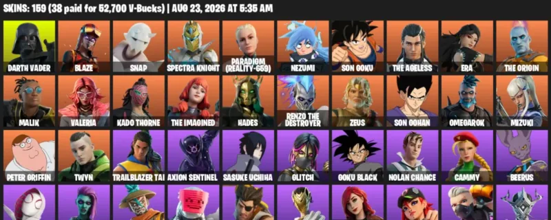 Fortnite account inventory for LVL 1974 - Darth Vader - Blaze - 159 Outfits
