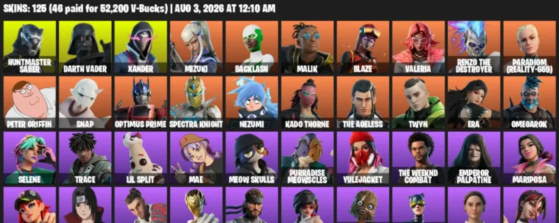 Fortnite account inventory for LVL 3355 - Huntmaster Saber - Darth Vader - 125 Outfits
